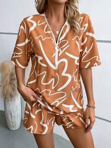 SHEIN LUNE Allover Print Drop Shoulder Blouse & Shorts - Khaki - View 4