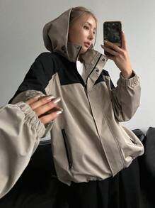 DAZY Two Tone Zip Up Hooded Coat - Khaki - View 2