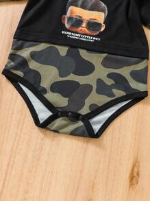 SHEIN Baby Boy Letter & Camo Print Hooded Bodysuit - Black - View 3