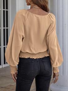 SHEIN Clasi Chất rắn Tay áo Đèn lồng Lá sen tỉa Áo sơ mi - Màu Khaki - Xem 2