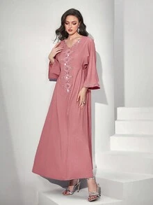 Al Najma Rhinestone Detail Flounce Sleeve Kaftan - Pink - View 4