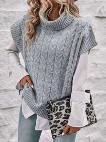 SHEIN LUNE Turtleneck Batwing Sleeve Cable Knit Sweater Vest - Grey - View 4