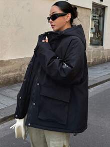 DAZY Letter Graphic Flap Pocket Drop Shoulder Drawstring Hooded Winter Thick Pockets Coat ,Winter Women Clothes,Winter Coat Women Jacket - Black - View 7