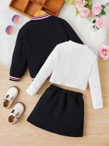 SHEIN Young Girl Letter Graphic Striped Trim Varsity Jacket & Skirt Without Tee