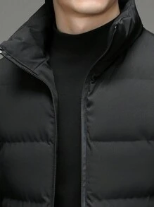 Men Long Sleeve Zip Up Puffer Vest Coat, Fall/Winter - Black - View 4