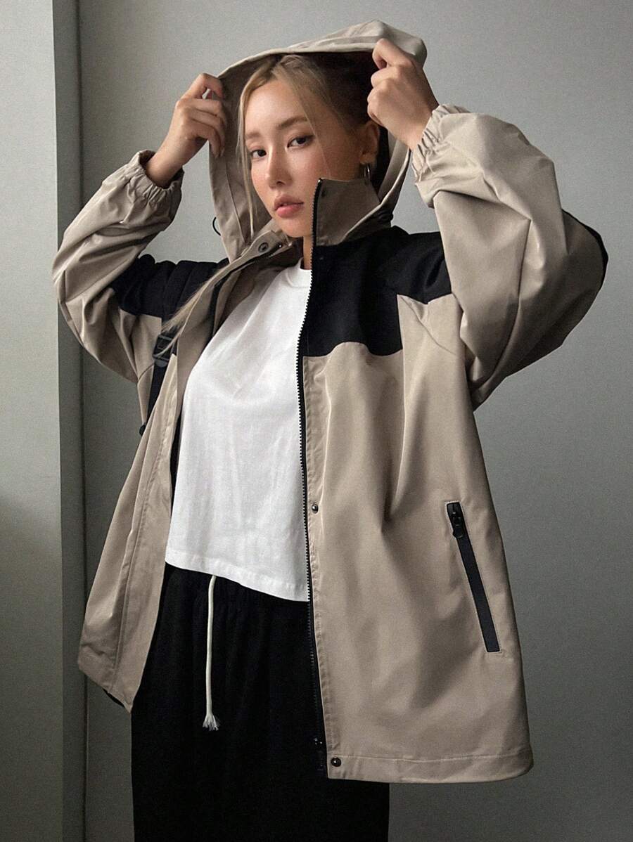 DAZY Two Tone Zip Up Hooded Coat - Khaki - View 1