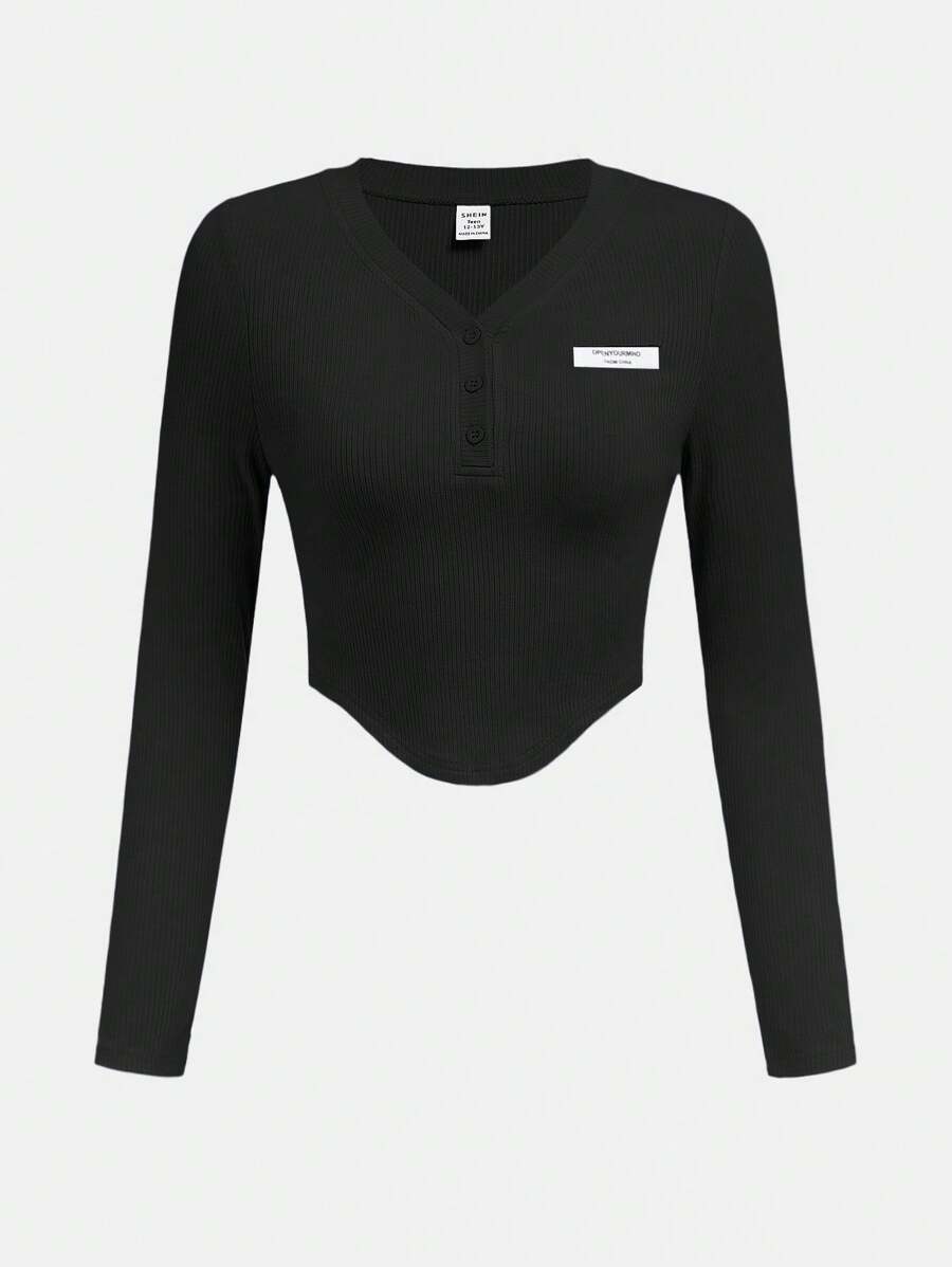 SHEIN Teen Girl Letter Patched Detail Tee - Black - View 1