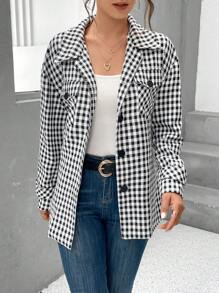 SHEIN Essnce 格紋印花落肩帶蓋口袋束帶大衣 - 黑與白 - 查看 4