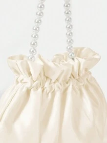 SHEIN Belle 幾何格紋公主人造珍珠和水鑽珍珠鏈條和裝飾迷你緞面手提包珍珠手柄抽褶細節適合派對,婚禮,舞會和晚餐,口紅,女士珍珠包