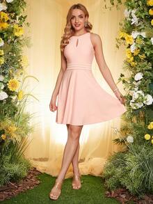 ANGEL FASHIONS Chất rắn Đường viền lỗ khóa Váy Dây - Hồng - Xem 3