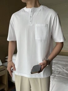 DAZY Áo thun nam có túi nửa nút - trắng - Xem 3