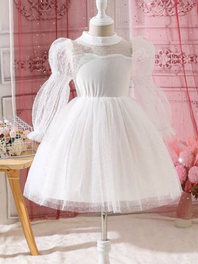 SHEIN Glamorique Kids 年輕女孩撞色蕾絲 Virago 袖網紗罩層洋裝