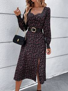 SHEIN Clasi In hoa Ditsy Tách đùi Đầm - màu đen - Xem 3