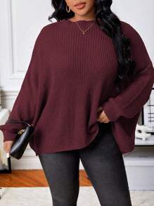Calvaya Plus Batwing Sleeve Ribbed Knit Sweater - Burgundy - View 1