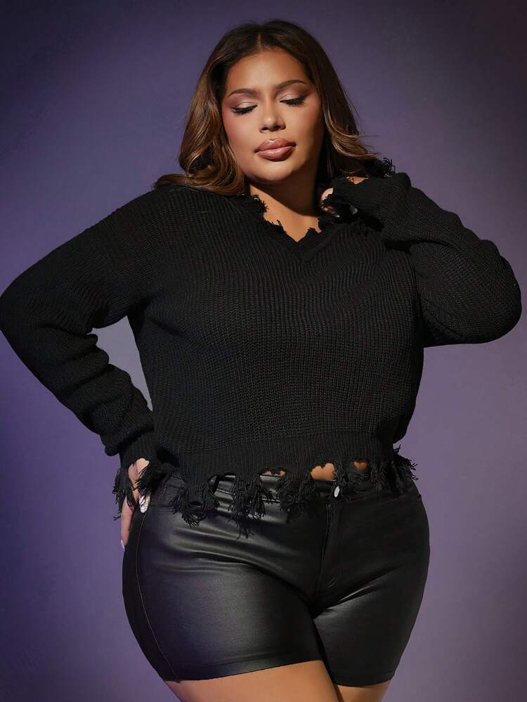 Plus Drop Shoulder Distressed Trim Sweater