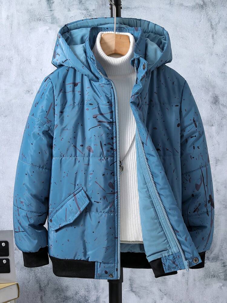 Tween Boy Marble Print Hooded Padded Coat Without Sweater