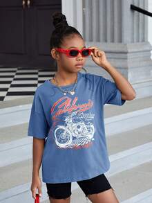 SHEIN Tween Girl Motorcycle & Letter Graphic Drop Shoulder Tee - Dusty Blue - View 6