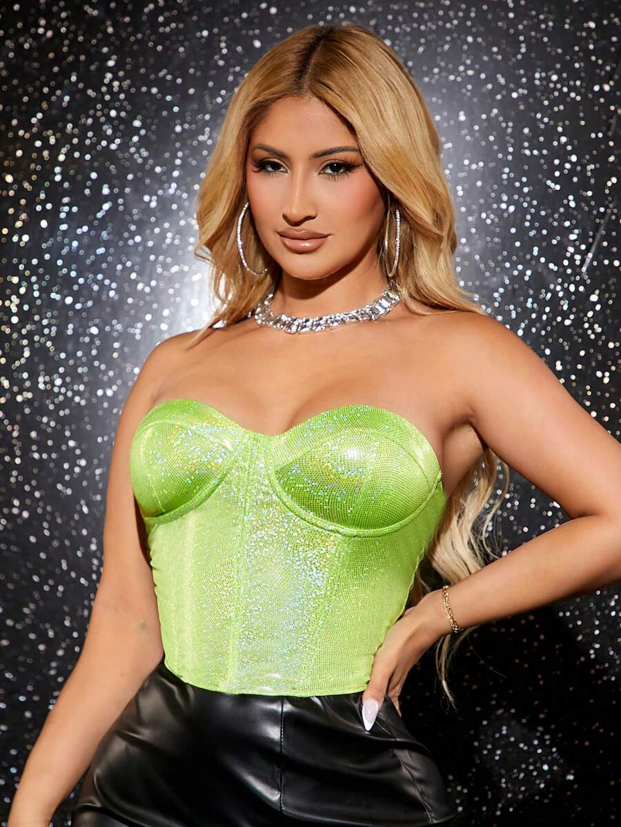 SHEIN SXY 亮片抹胸上衣，适合派对和新年夜穿着，性感上衣 - 綠色 - 查看 1