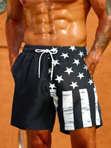 Manfinity KASUA Men Star Print Drawstring Waist Swim Trunks - Black - View 3