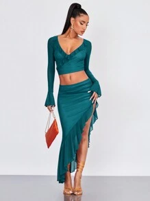 SHEIN BAE 荷葉邊不對稱下擺半身裙 - 水鴨藍 - 查看 6