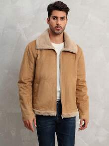 休閒拼接領 口袋 拉鍊撞色 純色男士外套 - 駝色 - 查看 5