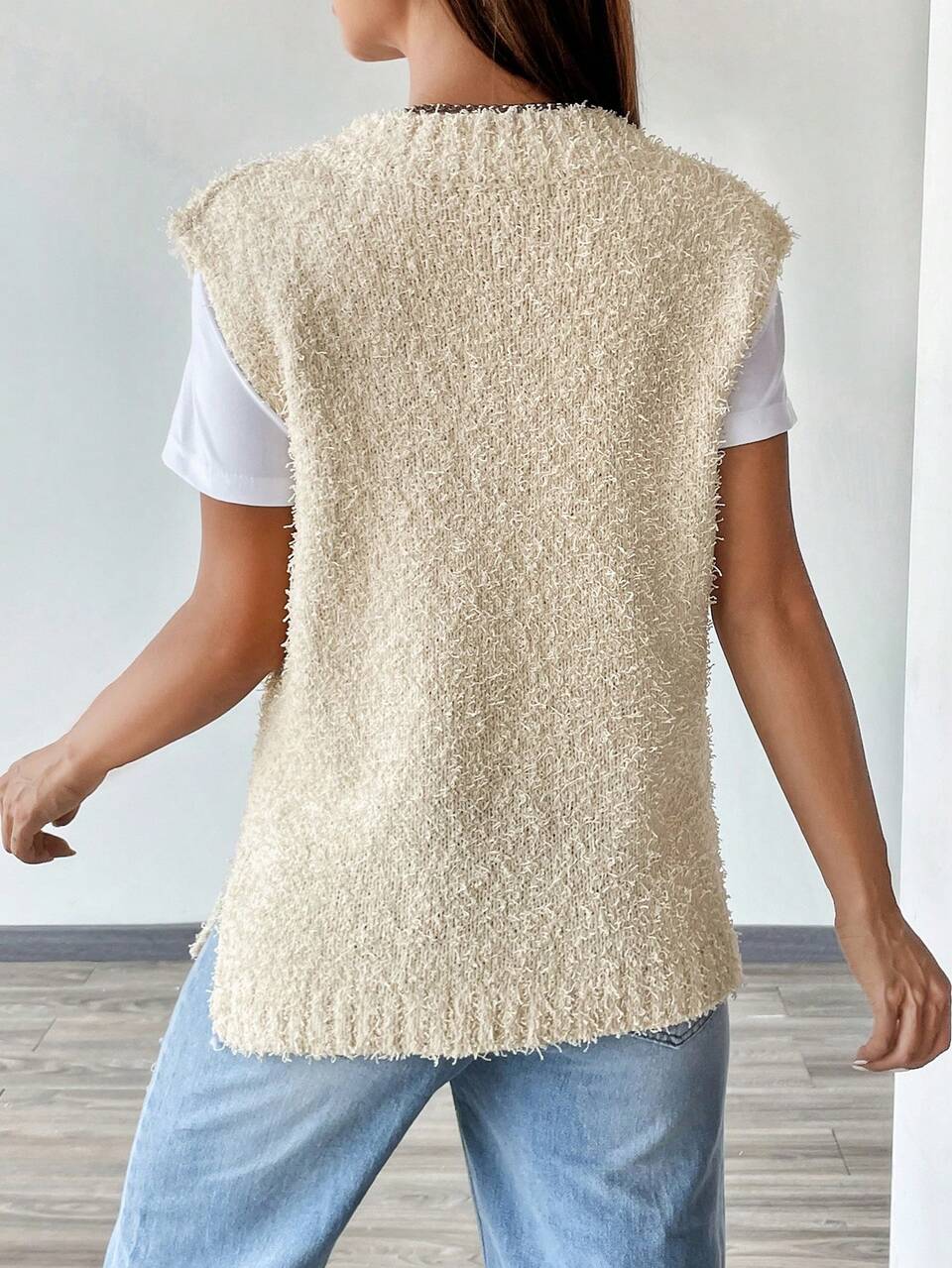 Solid Slit Hem Sweater Vest Without Tee