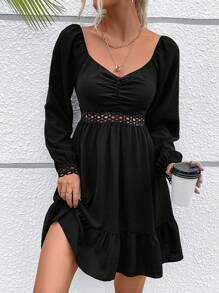 SHEIN VCAY Chèn ren Guipure Xù Hoa Sen Đầm - màu đen - Xem 1