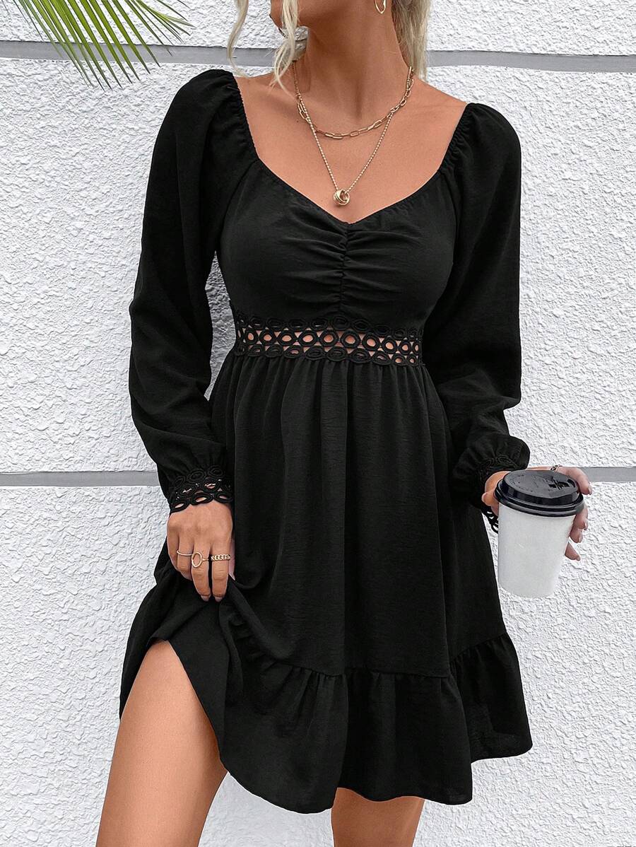 SHEIN VCAY Chèn ren Guipure Xù Hoa Sen Đầm - màu đen - Xem 1