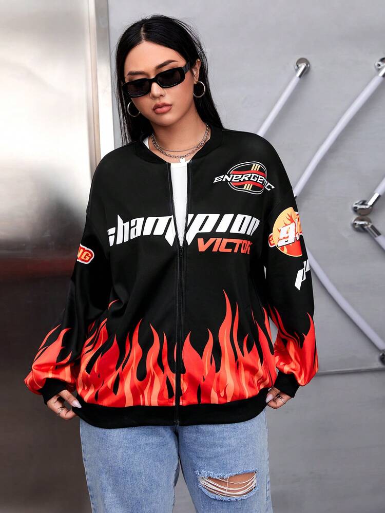 SHEIN Coolane Áo khoác bomber trễ vai họa tiết Fire & Letter - Nhiều màu - Xem 5