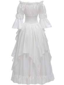 Off Shoulder Asymmetrical Sleeve Ruffle Trim Dress