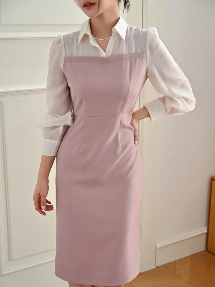 Colorblock 2 In 1 Fitted Dress Shirt Dress,Fall Clothes Long Sleeve Dress
