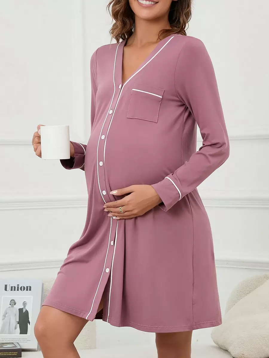 Moonlight&Mama Maternity Contrast Piping Pocket Patched Button Front Nightdress For Mother Cozy And Elegant Details, For Fall & Winter Outfit - Red Violet - View 1