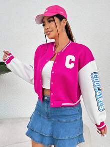 SHEIN EZwear 大碼字母圖案雙色落肩袖學院風夾克 - 粉色 - 查看 3