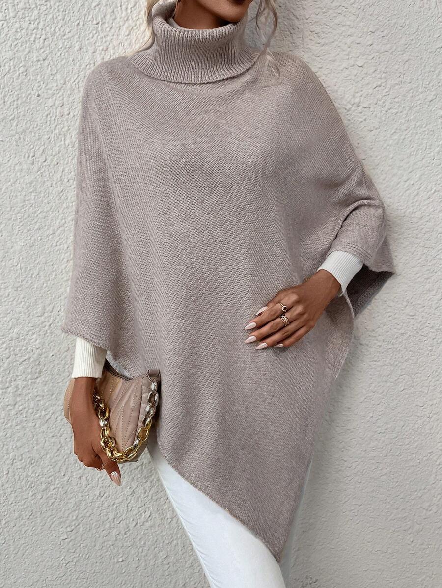 SHEIN Essnce Áo len cổ lọ có viền bất đối xứng - Màu Khaki - Xem 1