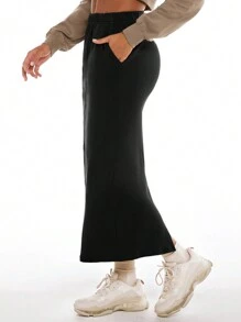 SHEIN BASICS Terry Fleece Elastic Waist Slant Pocket Solid Skirt - Black - View 8