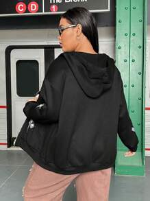 Flirla Plus Size Rhinestone Cross Pattern Drop Shoulder Drawstring Sweatshirt - Black - View 2