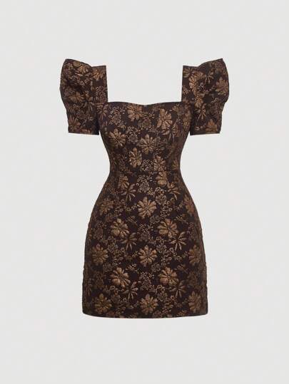 SHEIN MOD Floral Jacquard Sweetheart Neck Puff Sleeve Dress