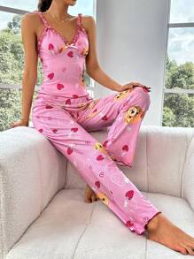 Cartoon Graphic Frill Trim Cami Top & Pants PJ Set - Pink - View 6