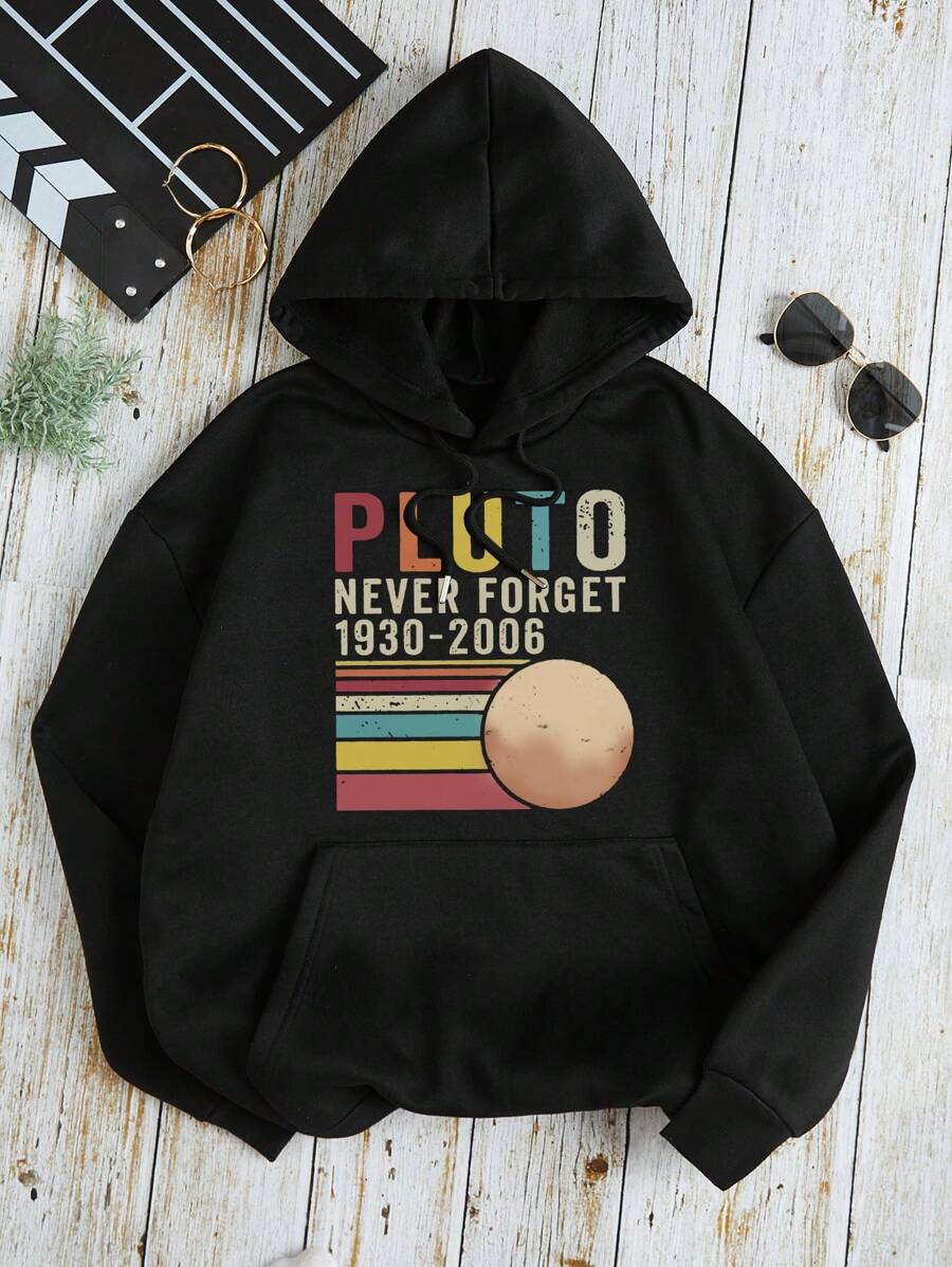 SHEIN EZwear Slogan Graphic Kangaroo Pocket Drawstring Thermal Hoodie - Black - View 1