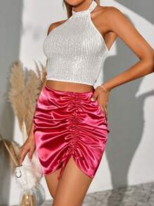 RueChic Drawstring Front Satin Bodycon Skirt - Pink - View 3