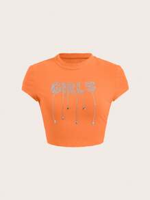 SHEIN ICON 水鑽字母圖案短款T恤 - 橘色 - 查看 1
