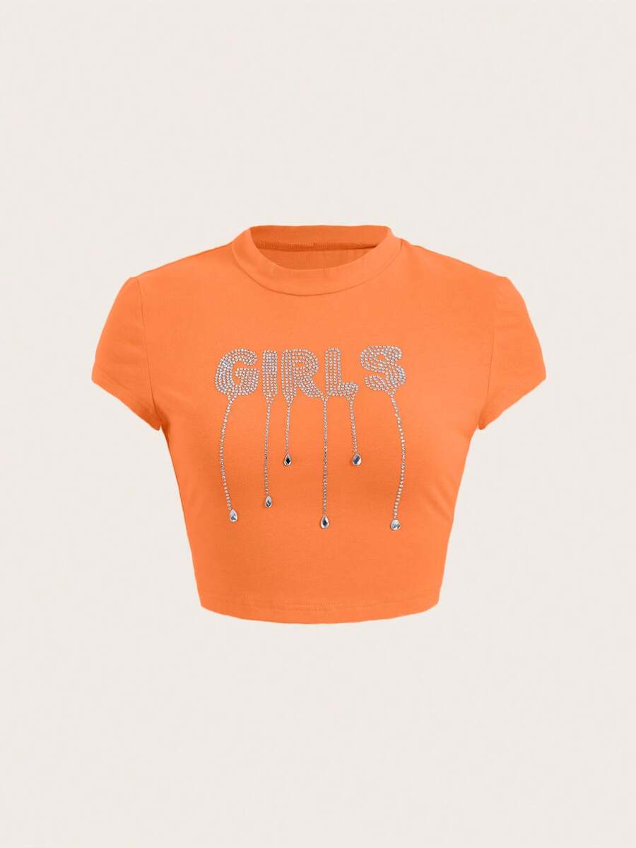 SHEIN ICON 水鑽字母圖案短款T恤 - 橘色 - 查看 1