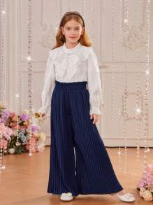 SHEIN 女大童1入組荷葉邊前蝴蝶結襯衫和1入組百褶闊腿褲 - 彩色 - 查看 4