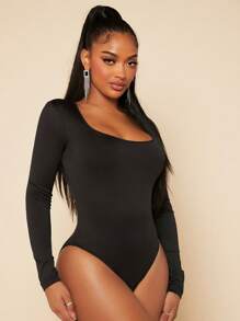 SHEIN SXY Square Neck Slim Fit With Sleeves Black Bodysuit - Black - View 4