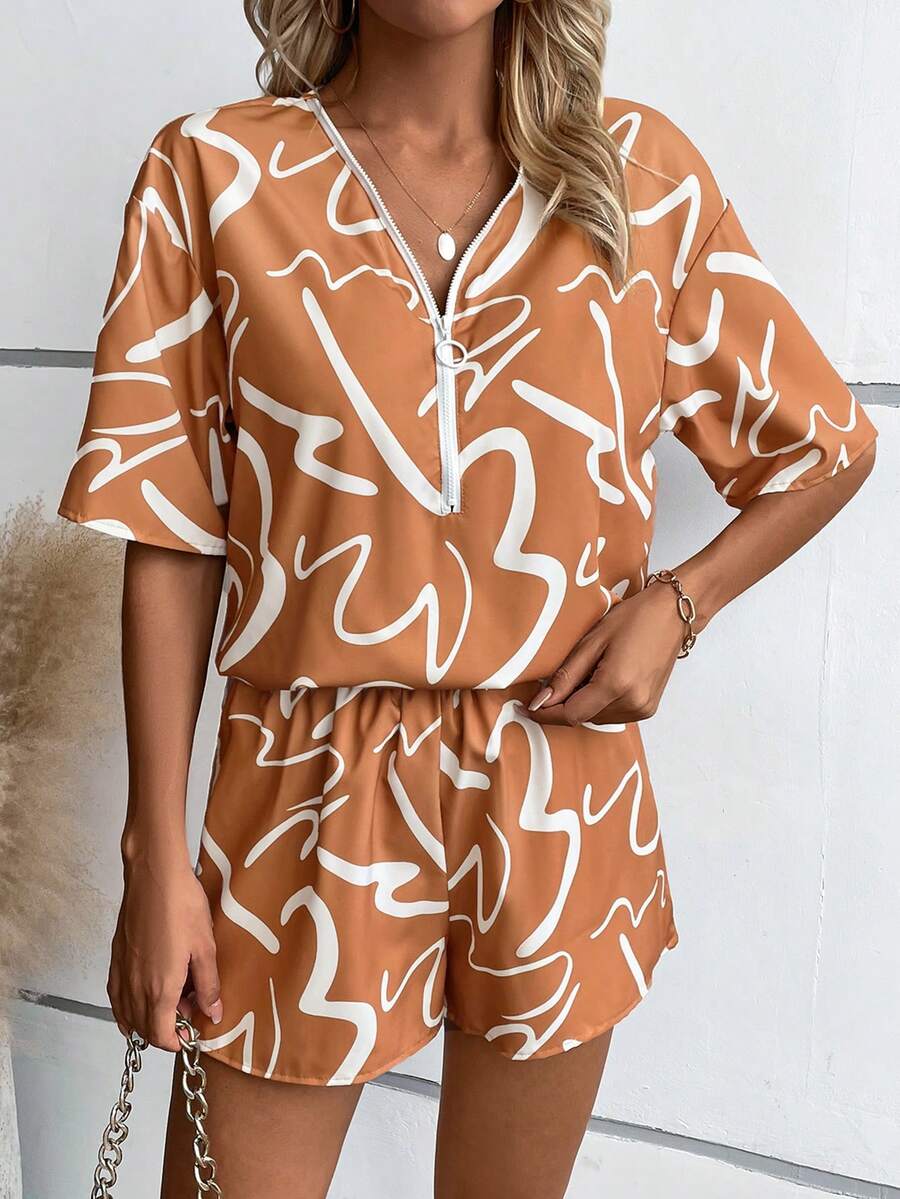 SHEIN LUNE Allover Print Drop Shoulder Blouse & Shorts - Khaki - View 1