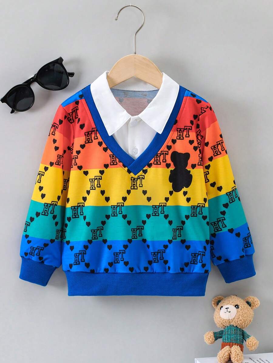 Young Boy Geo Print Colorblock 2 In 1 Sweatshirt - Multicolor - View 1