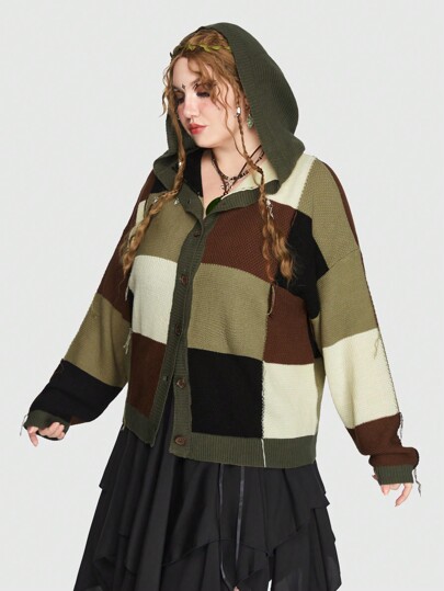 Plus Cardigan À Blocs De Couleurs Épaule tombante