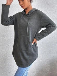 SHEIN Essnce Drop Shoulder Curved Hem Drawstring Hoodie - Dark Grey - View 4