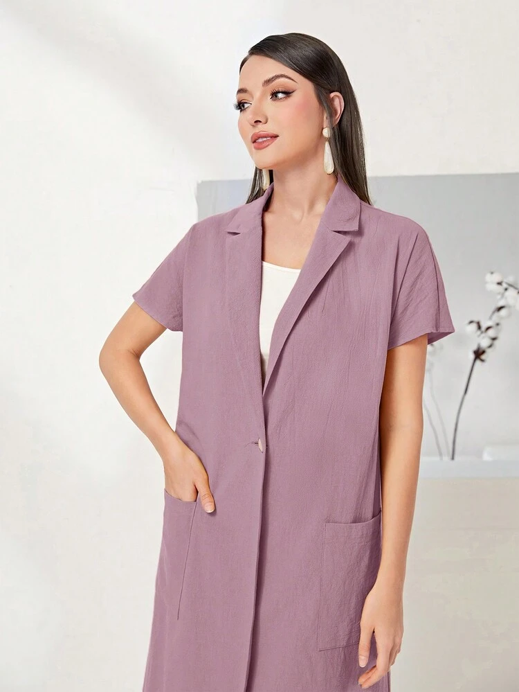 Lapel Neck Dual Pocket Coat & Wide Leg Pants 2 Piece Set