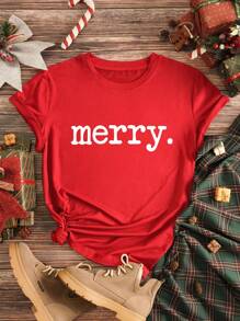 SHEIN EZwear Plus Christmas Letter Print Tee - Red - View 1